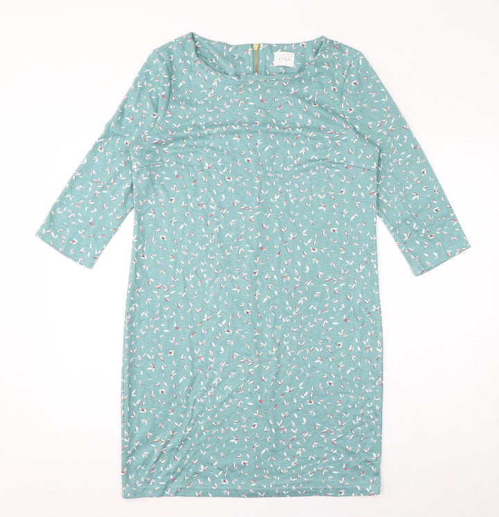 VILA Womens Blue Geometric Polyester T-Shirt Dress Size M Round Neck Pullover - Leaves