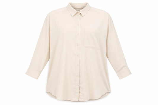 Front view of Monki women’s ivory polyester basic button-up, size M, collared