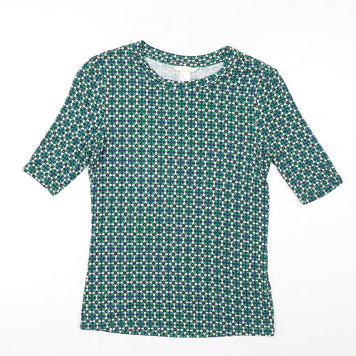 H&M Womens Green Geometric Viscose Basic T-Shirt Size S Round Neck