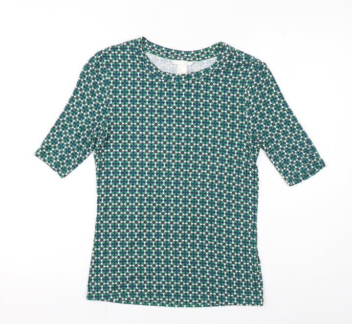 H&M Womens Green Geometric Viscose Basic T-Shirt Size S Round Neck