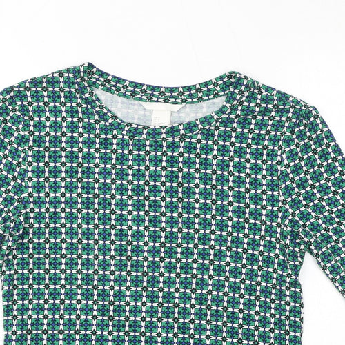 H&M Womens Green Geometric Viscose Basic T-Shirt Size S Round Neck