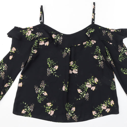 Dorothy Perkins Womens Black Floral Polyester Basic Blouse Size 8 Square Neck - Sheer