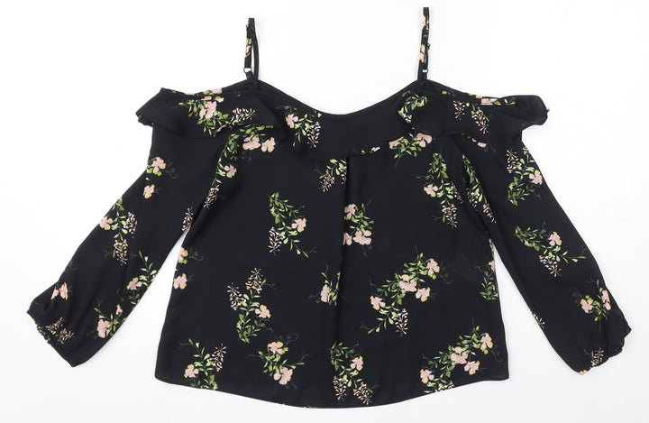 Dorothy Perkins Womens Black Floral Polyester Basic Blouse Size 8 Square Neck - Sheer