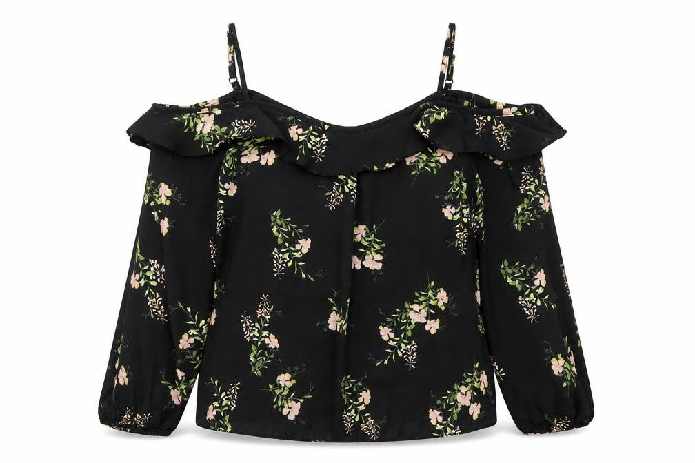 Front view of Dorothy Perkins women’s black floral polyester basic blouse, size UK 8, square neck - sheer