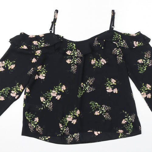 Dorothy Perkins Womens Black Floral Polyester Basic Blouse Size 8 Square Neck - Sheer