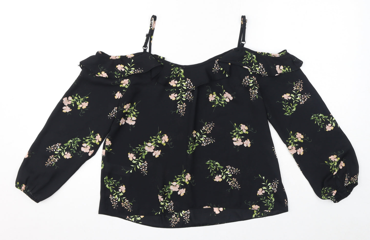 Dorothy Perkins Womens Black Floral Polyester Basic Blouse Size 8 Square Neck - Sheer