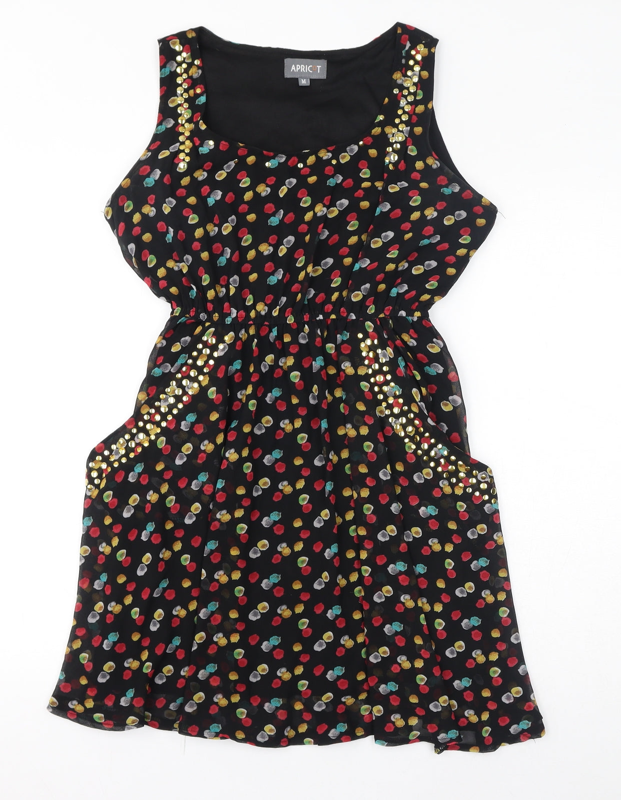 Apricot Womens Black Geometric Polyester Mini Size M Round Neck Pullover - Spots, Gold Embelishmnts