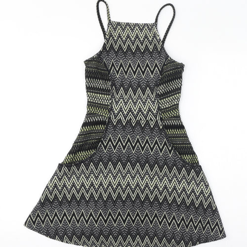 Topshop Womens Black Geometric Polyester Fit & Flare Size 4 Square Neck Pullover - Zigzag