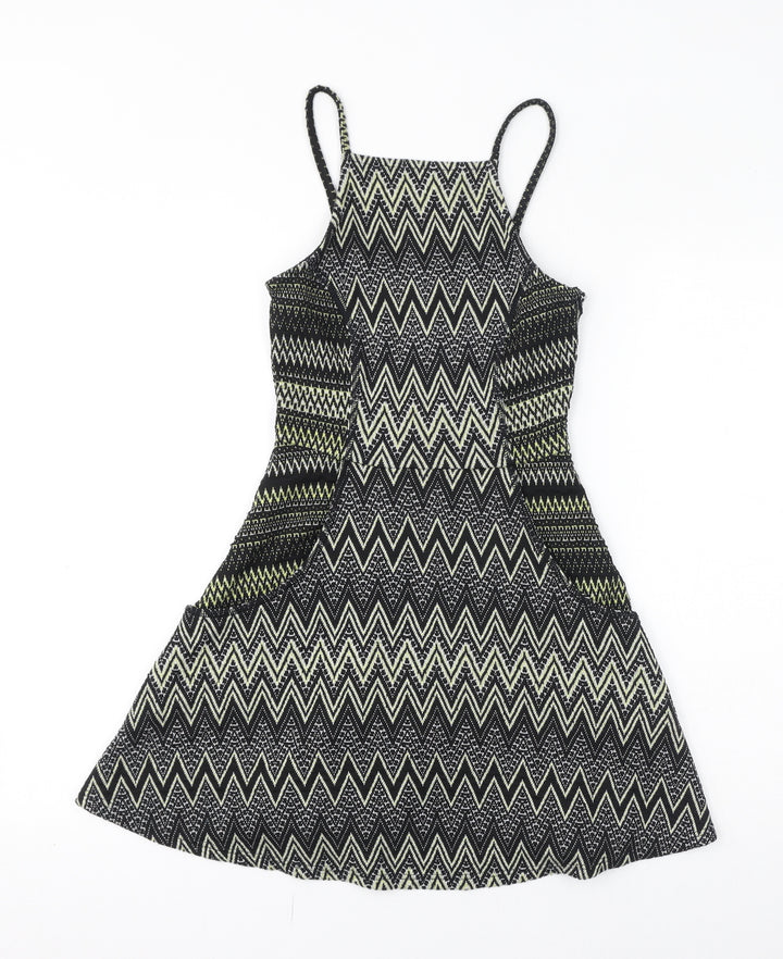 Topshop Womens Black Geometric Polyester Fit & Flare Size 4 Square Neck Pullover - Zigzag