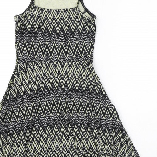 Topshop Womens Black Geometric Polyester Fit & Flare Size 4 Square Neck Pullover - Zigzag