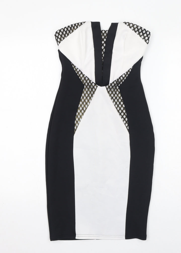 Lipsy Womens Black Colourblock Polyamide Bodycon Size 6 Off the Shoulder Zip - Mesh