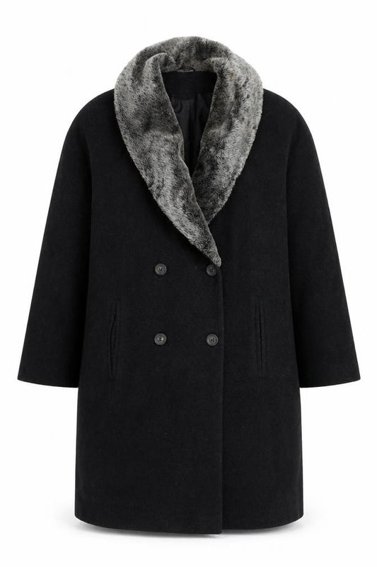 Front view of St Michael women’s grey overcoat jacket, size UK 12, button