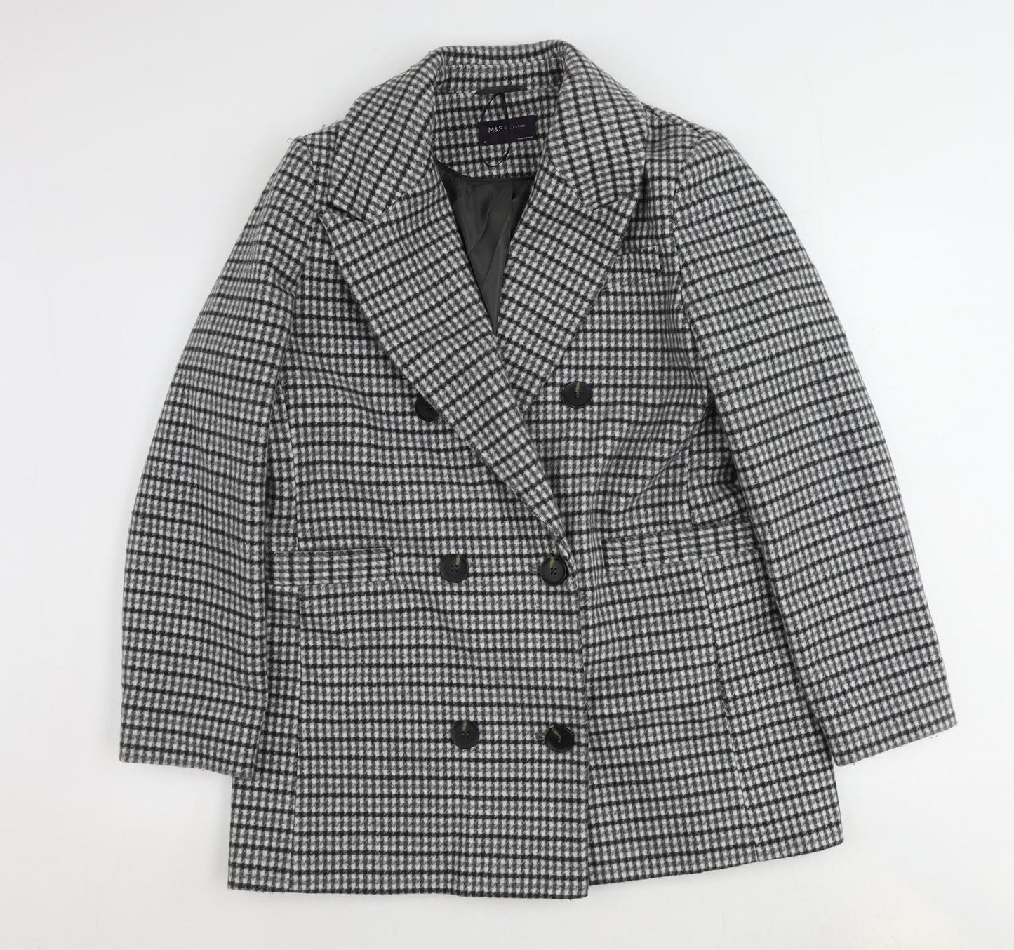 Marks and Spencer Womens Grey Check Overcoat Coat Size 14 Button
