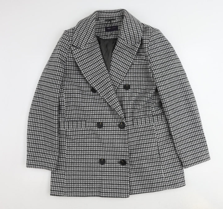Marks and Spencer Womens Grey Check Overcoat Coat Size 14 Button
