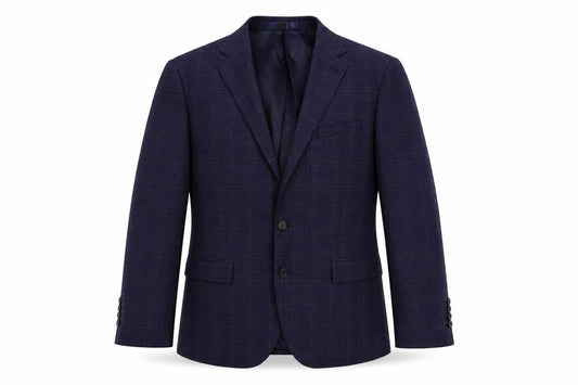 Front view of marks men’s blue plaid polyester jacket suit jacket, size 44, regular