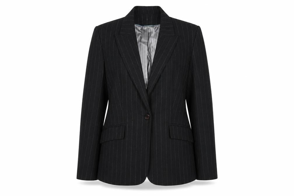 Front view of Debenhams women’s grey pinstripe polyester jacket suit jacket, size UK 16