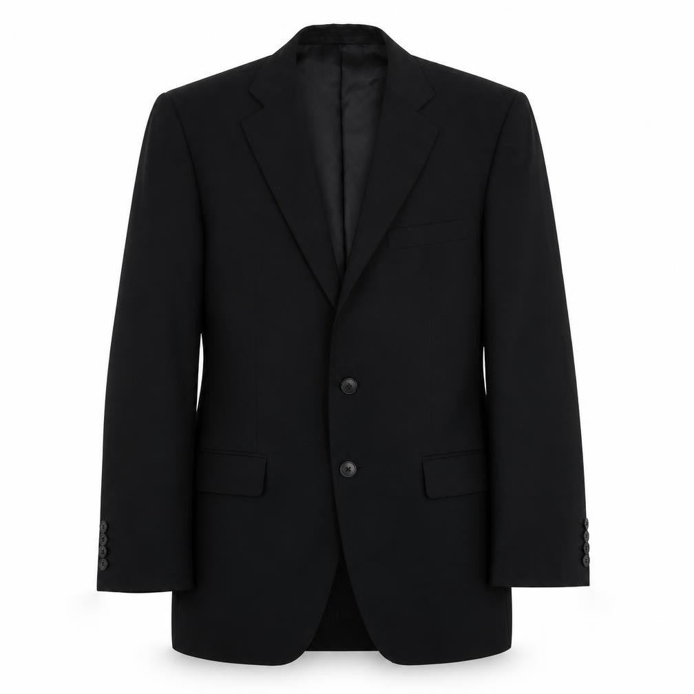 Front view of Rochi men’s black polyester jacket suit jacket, size 36, regular