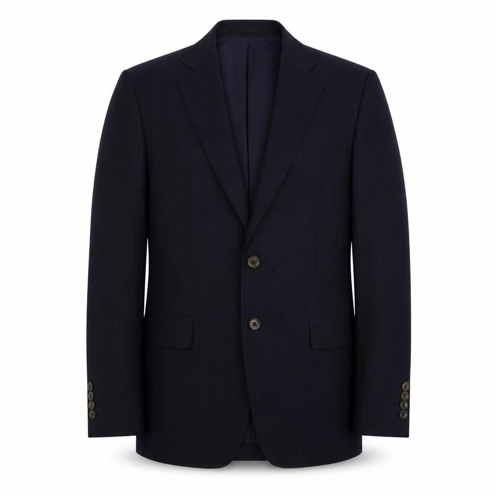 Front view of James Anderson men’s blue striped polyester jacket suit jacket, size 34, regular