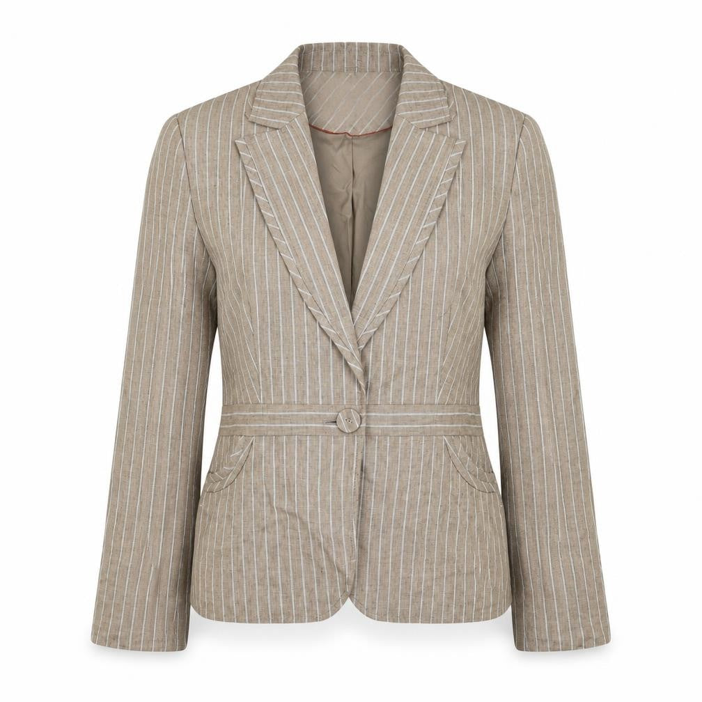 Front view of Next women’s brown striped linen jacket suit jacket, size UK 10