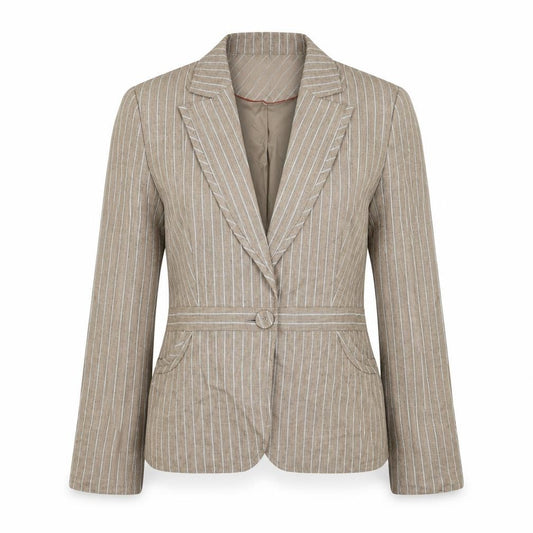 Front view of Next women’s brown striped linen jacket suit jacket, size UK 10