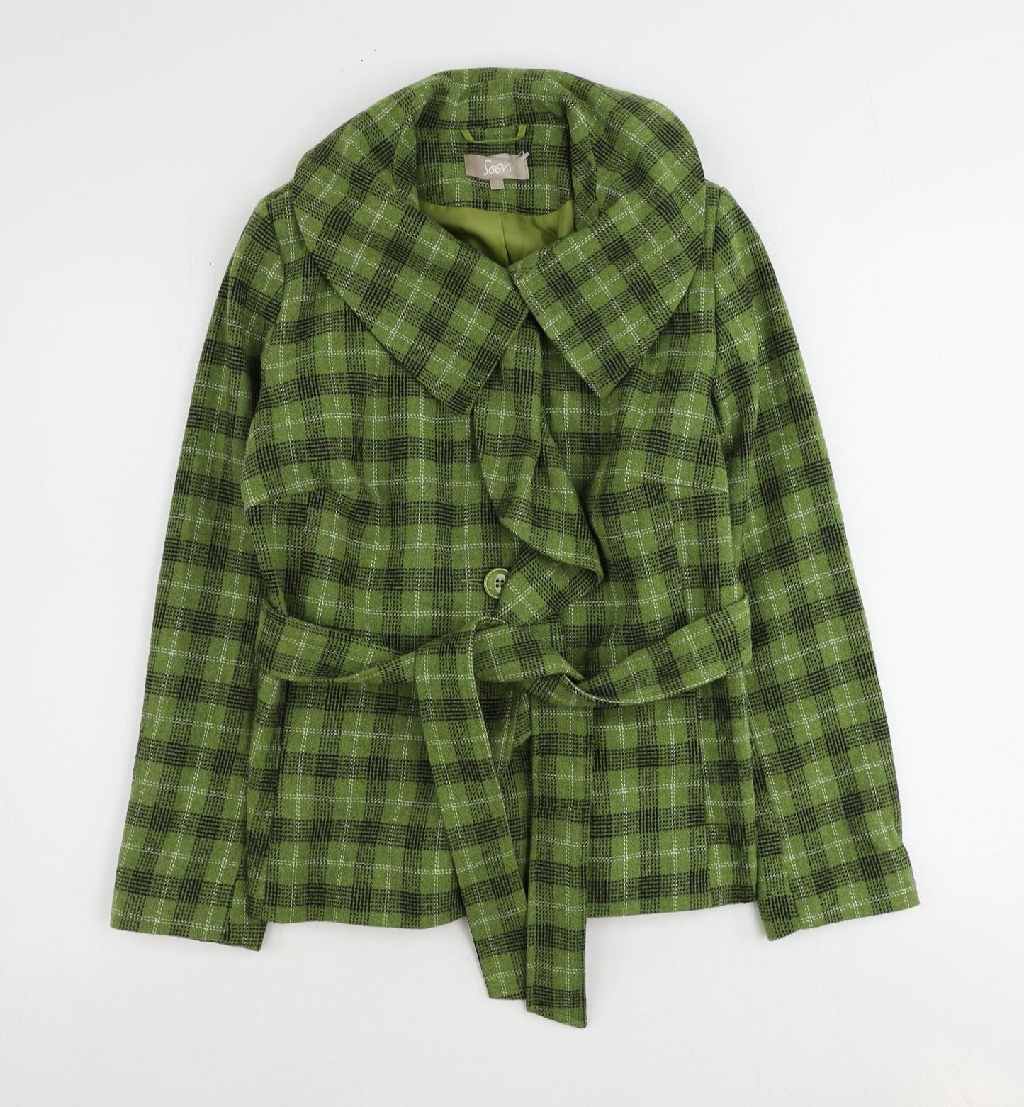 Soon Womens Green Plaid Overcoat Coat Size 12 Button