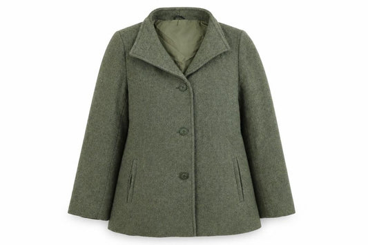 Front view of Bickler women’s green jacket, size UK 14, button