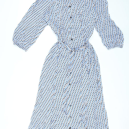 Marks and Spencer Womens Blue Geometric Viscose A-Line Size 10 Collared Button