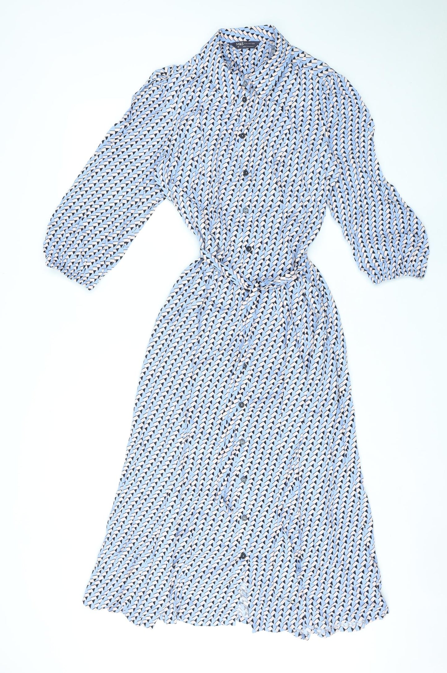 Marks and Spencer Womens Blue Geometric Viscose A-Line Size 10 Collared Button