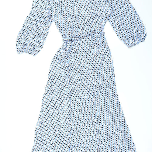 Marks and Spencer Womens Blue Geometric Viscose A-Line Size 10 Collared Button