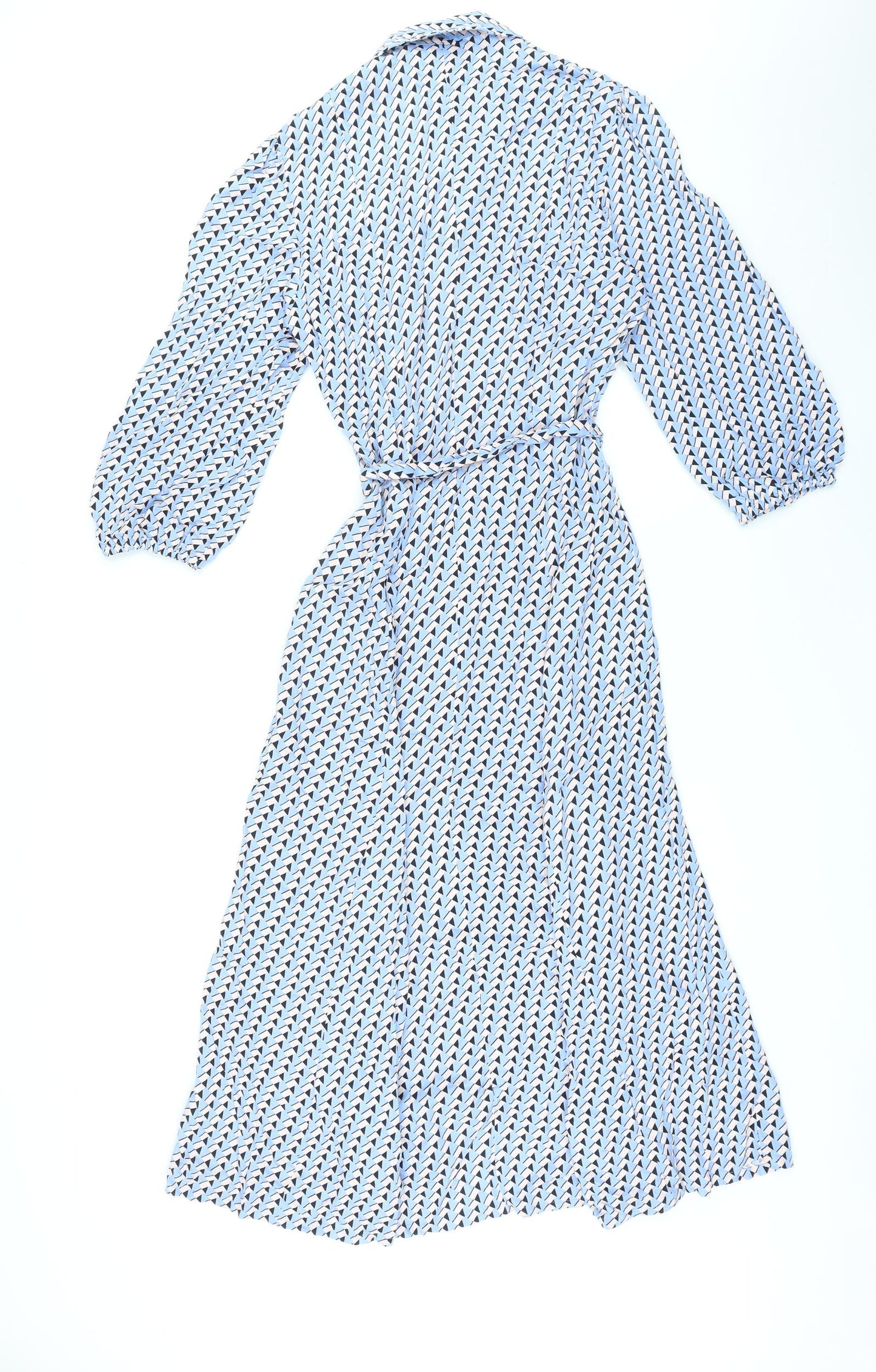 Marks and Spencer Womens Blue Geometric Viscose A-Line Size 10 Collared Button