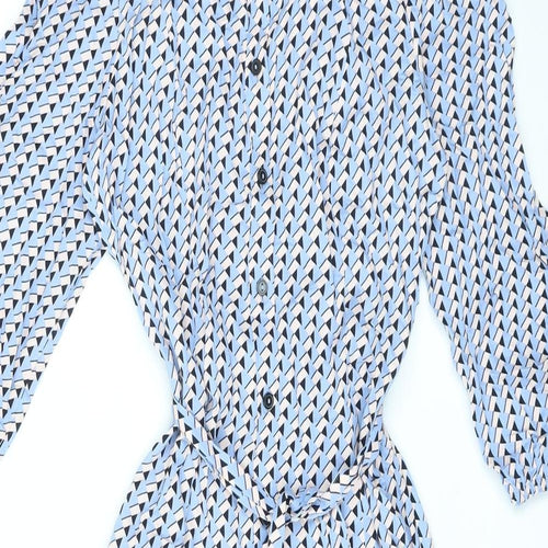 Marks and Spencer Womens Blue Geometric Viscose A-Line Size 10 Collared Button