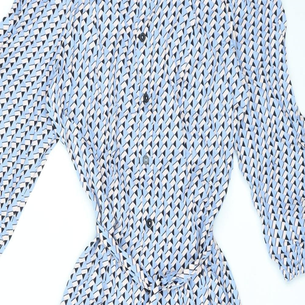 Marks and Spencer Womens Blue Geometric Viscose A-Line Size 10 Collared Button