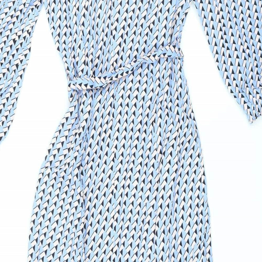 Marks and Spencer Womens Blue Geometric Viscose A-Line Size 10 Collared Button