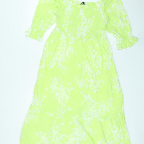 Marks and Spencer Womens Green Geometric Cotton Maxi Size 12 Square Neck Pullover - Shirred Top