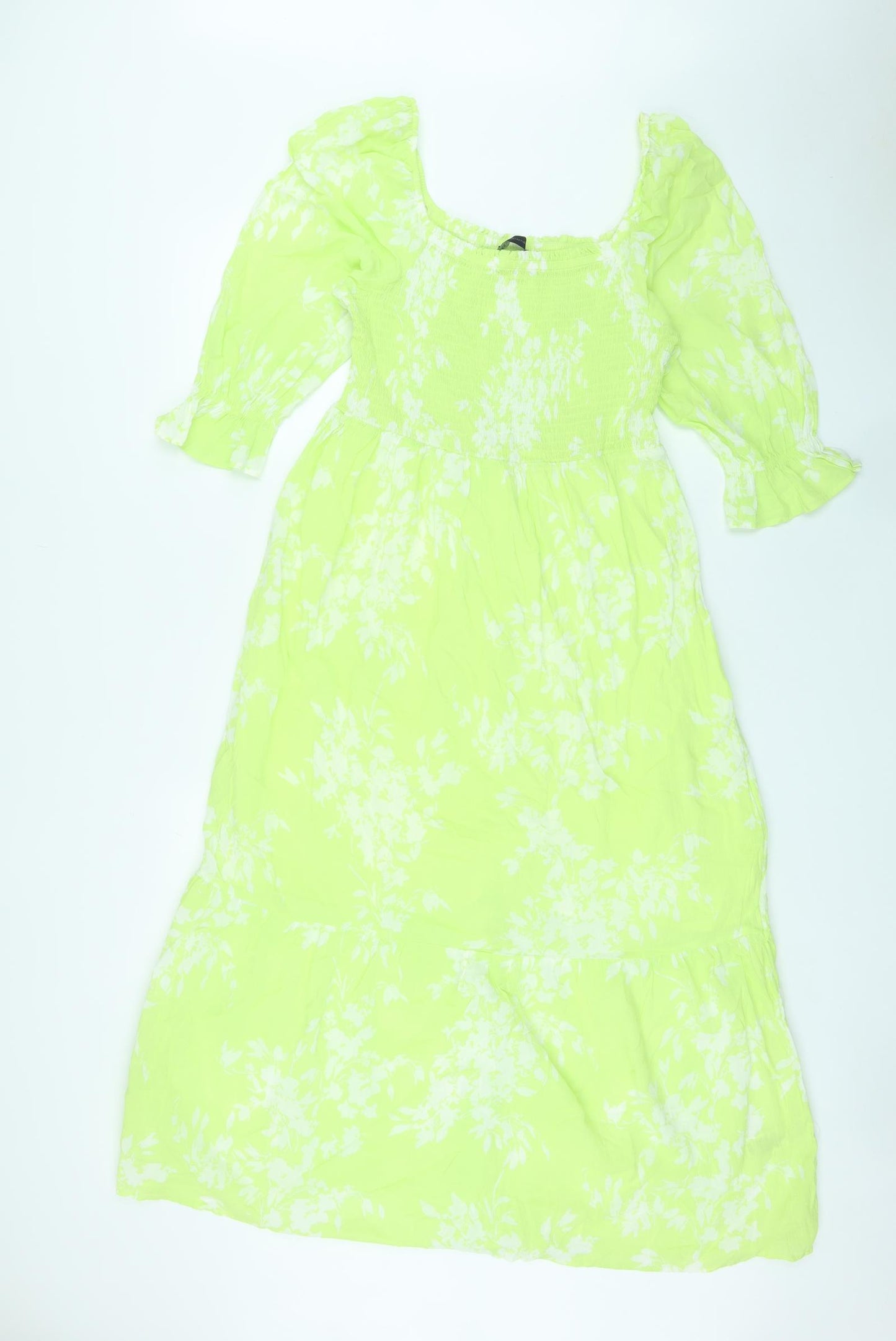 Marks and Spencer Womens Green Geometric Cotton Maxi Size 12 Square Neck Pullover - Shirred Top