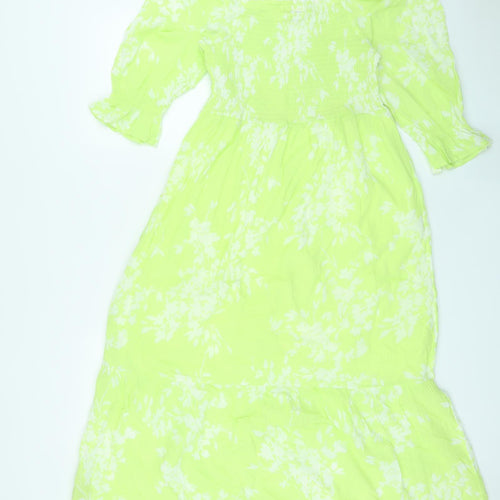 Marks and Spencer Womens Green Geometric Cotton Maxi Size 12 Square Neck Pullover - Shirred Top