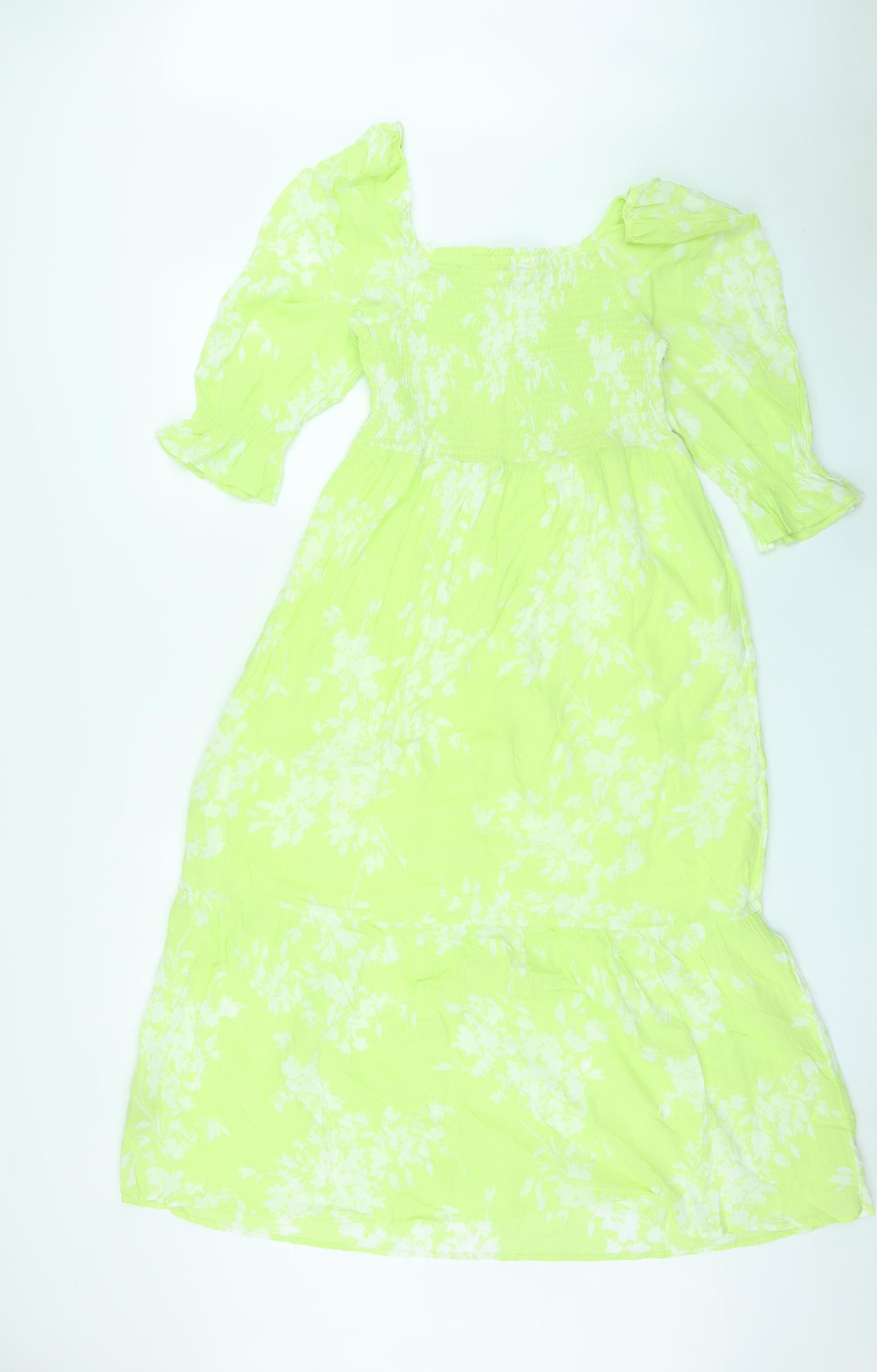 Marks and Spencer Womens Green Geometric Cotton Maxi Size 12 Square Neck Pullover - Shirred Top