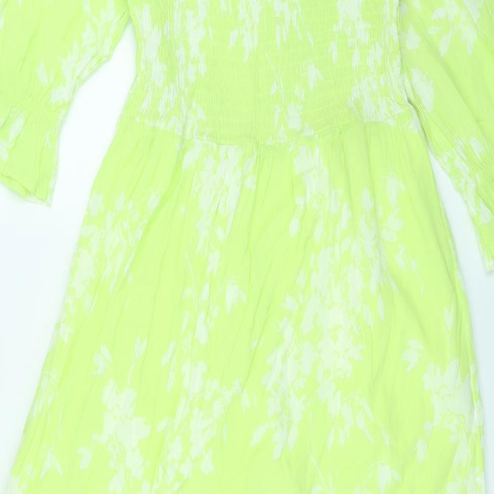 Marks and Spencer Womens Green Geometric Cotton Maxi Size 12 Square Neck Pullover - Shirred Top