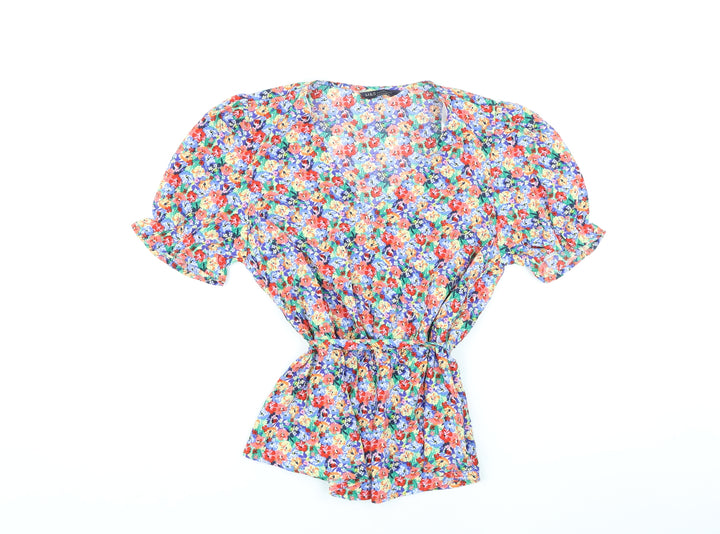 Marks and Spencer Womens Multicoloured Floral Polyester Basic Blouse Size 8 V-Neck - Belted