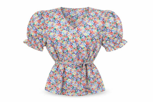 Front view of Marks & Spencer women’s multicoloured floral polyester basic blouse, size UK 8, v-neck - belted