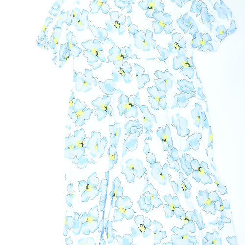 Marks and Spencer Womens Blue Floral Viscose A-Line Size 18 Round Neck Zip
