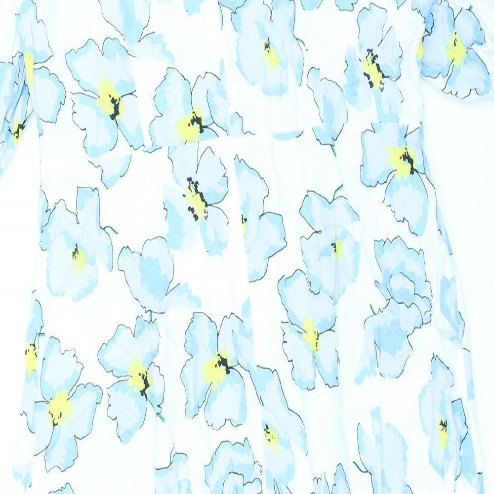 Marks and Spencer Womens Blue Floral Viscose A-Line Size 18 Round Neck Zip