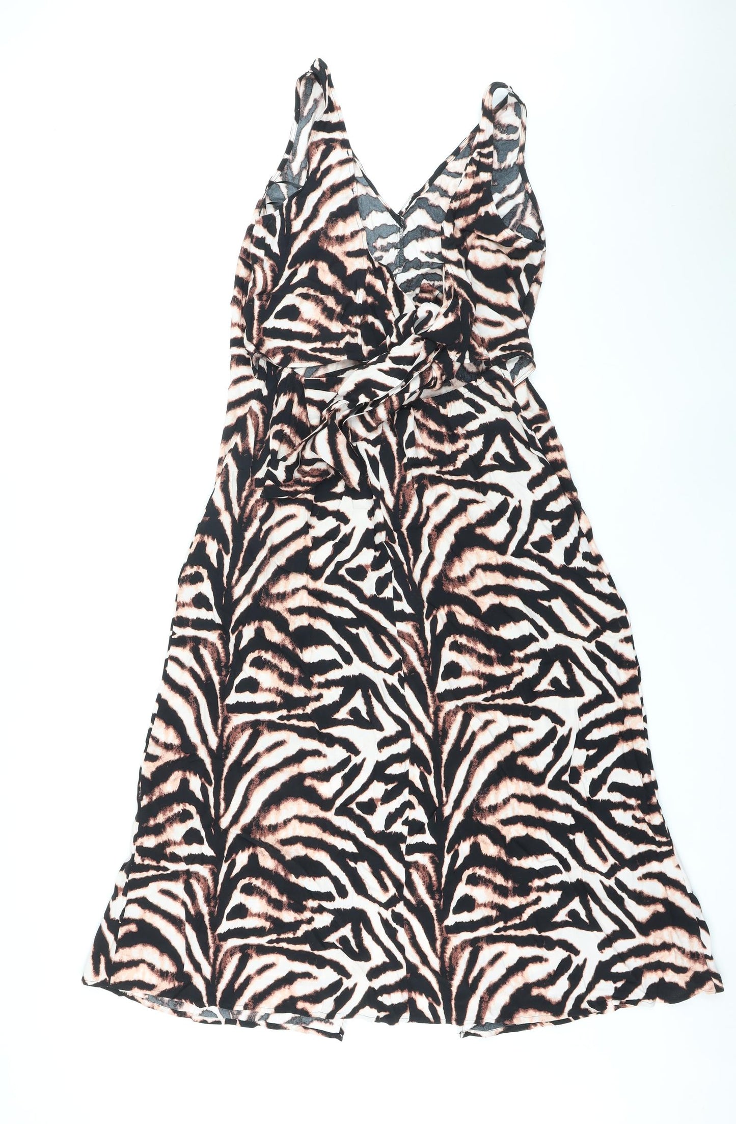 Marks and Spencer Womens Brown Animal Print Viscose Maxi Size 12 V-Neck Pullover - Tiger Print, Front Slit