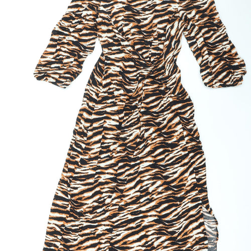 Marks and Spencer Womens Black Animal Print Viscose Maxi Size 6 Round Neck Zip - Tiger Print, Side Slit