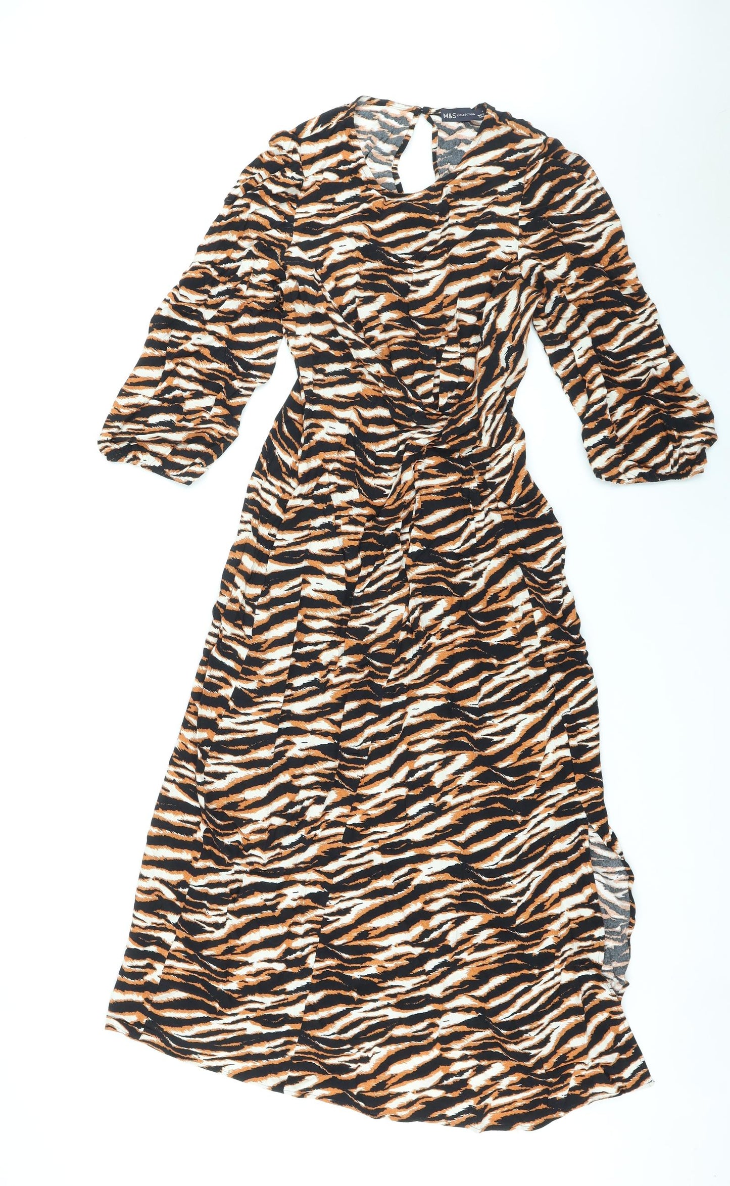 Marks and Spencer Womens Black Animal Print Viscose Maxi Size 6 Round Neck Zip - Tiger Print, Side Slit