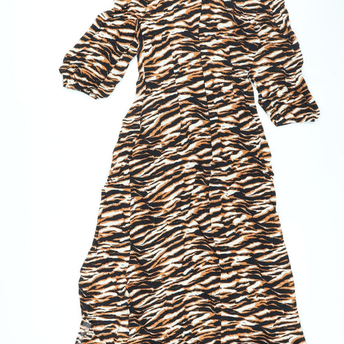 Marks and Spencer Womens Black Animal Print Viscose Maxi Size 6 Round Neck Zip - Tiger Print, Side Slit