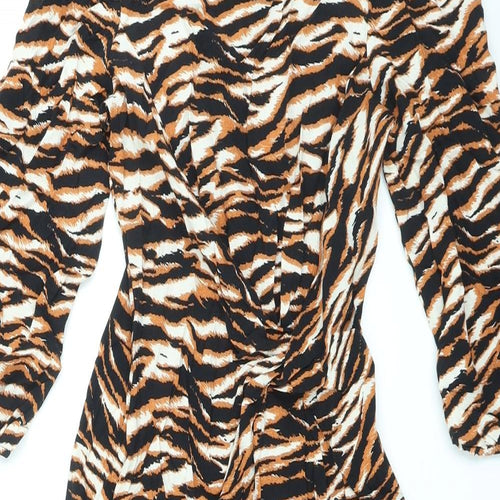Marks and Spencer Womens Black Animal Print Viscose Maxi Size 6 Round Neck Zip - Tiger Print, Side Slit