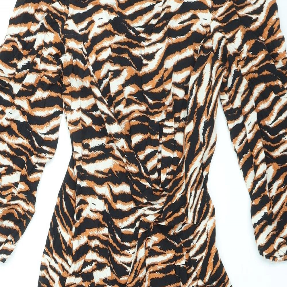 Marks and Spencer Womens Black Animal Print Viscose Maxi Size 6 Round Neck Zip - Tiger Print, Side Slit