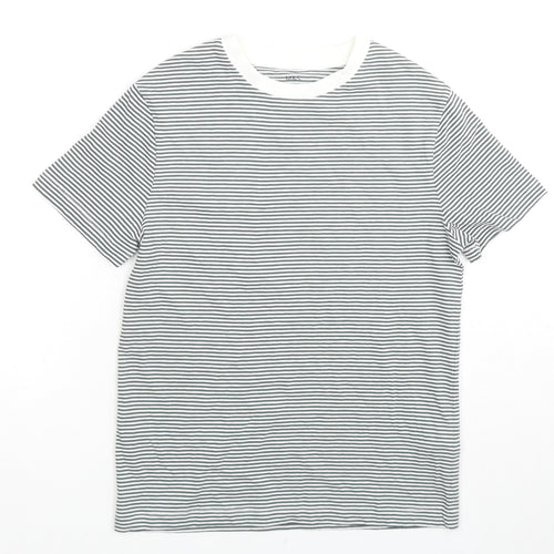 Marks and Spencer Girls Black Striped Cotton Basic T-Shirt Size 8-9 Years Round Neck Pullover