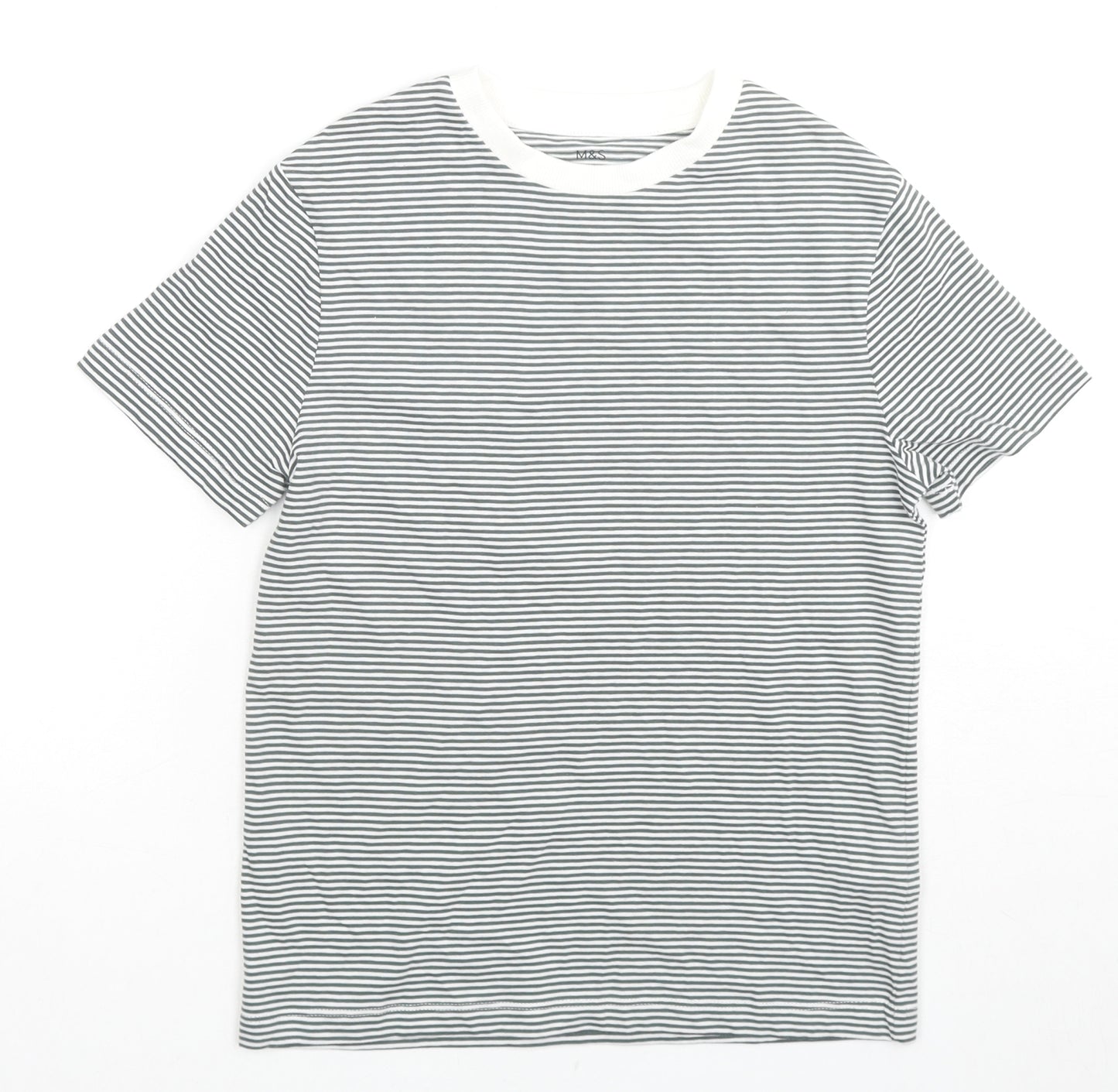Marks and Spencer Girls Black Striped Cotton Basic T-Shirt Size 8-9 Years Round Neck Pullover